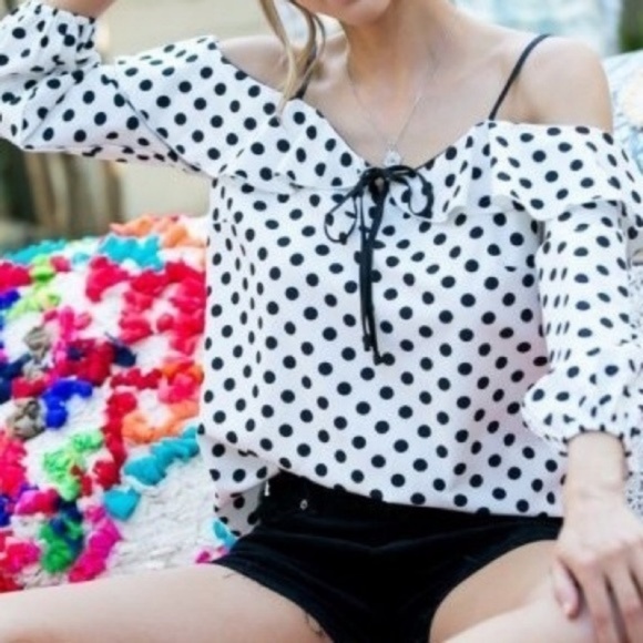 On The Spot Polka Dot Cold Shoulder Blouse Top - Picture 6 of 7